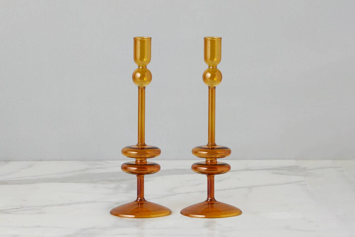 Glass Candlestick, Medium, Amber Orange