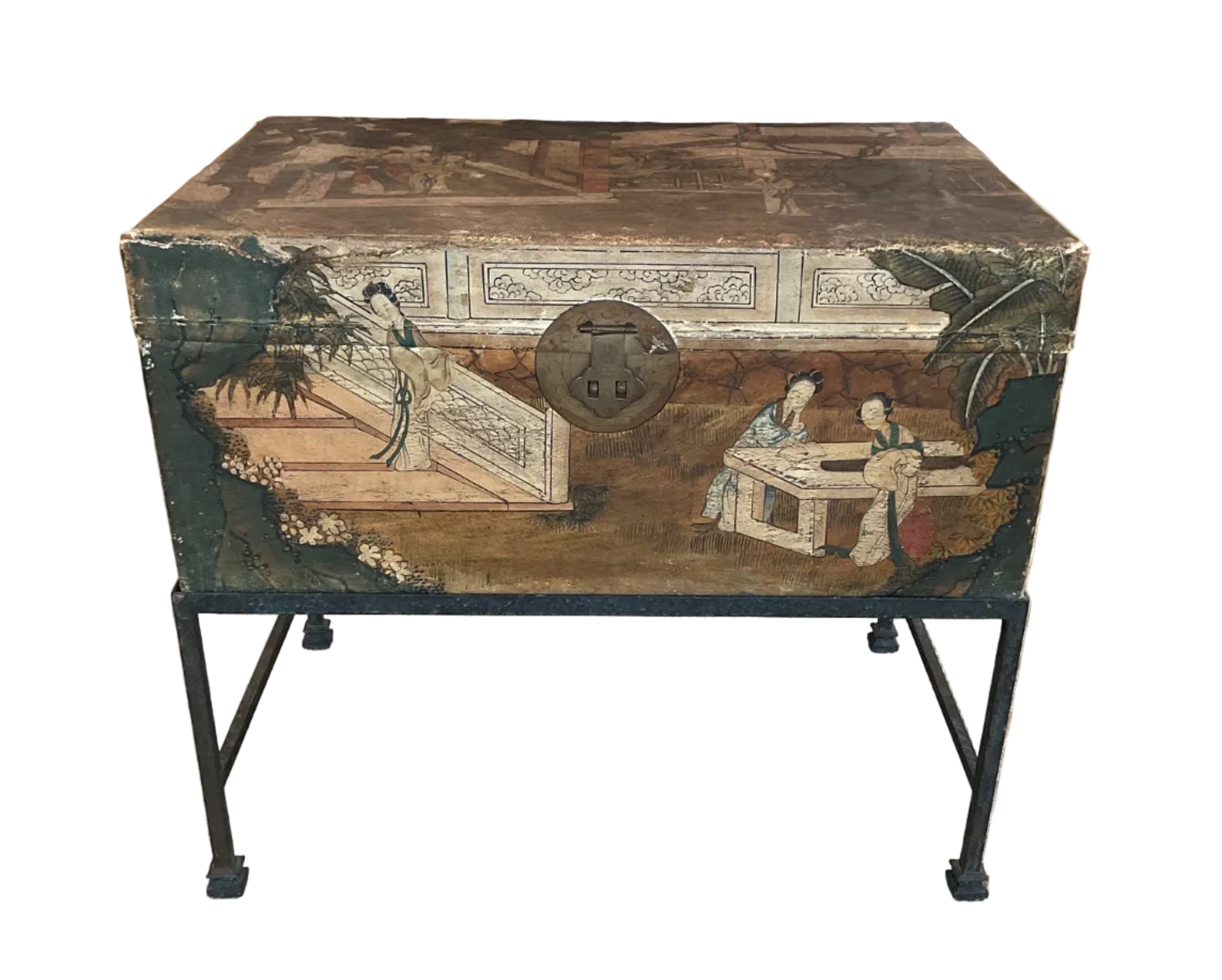 Antique Chinese Pigskin Box Chest on Iron Stand