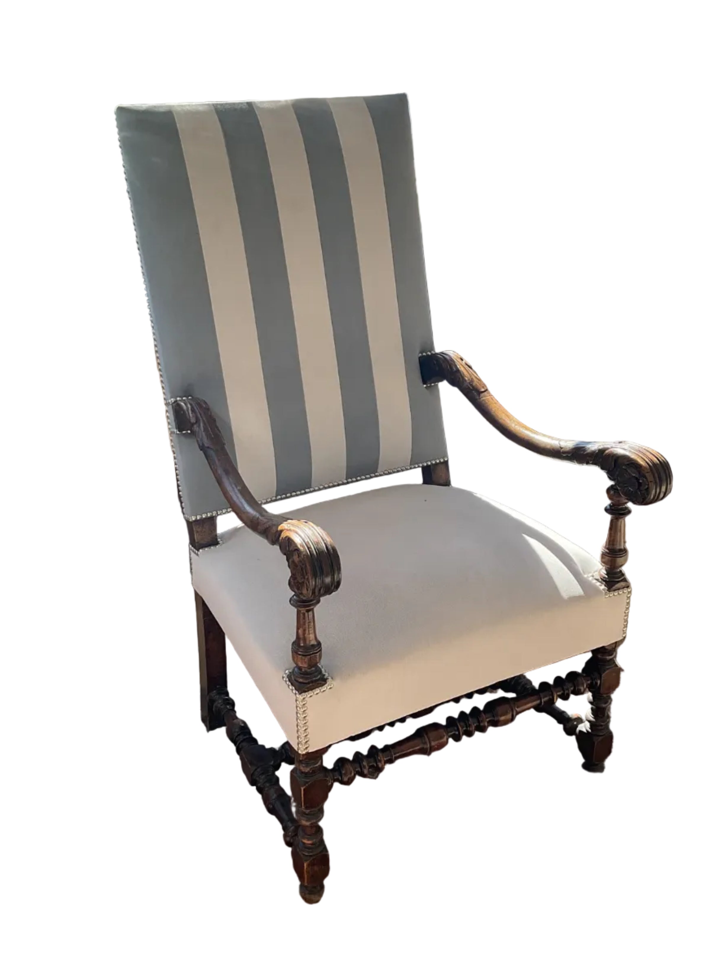 Antique Chairs with Gray and Cream Stripe Upholstery