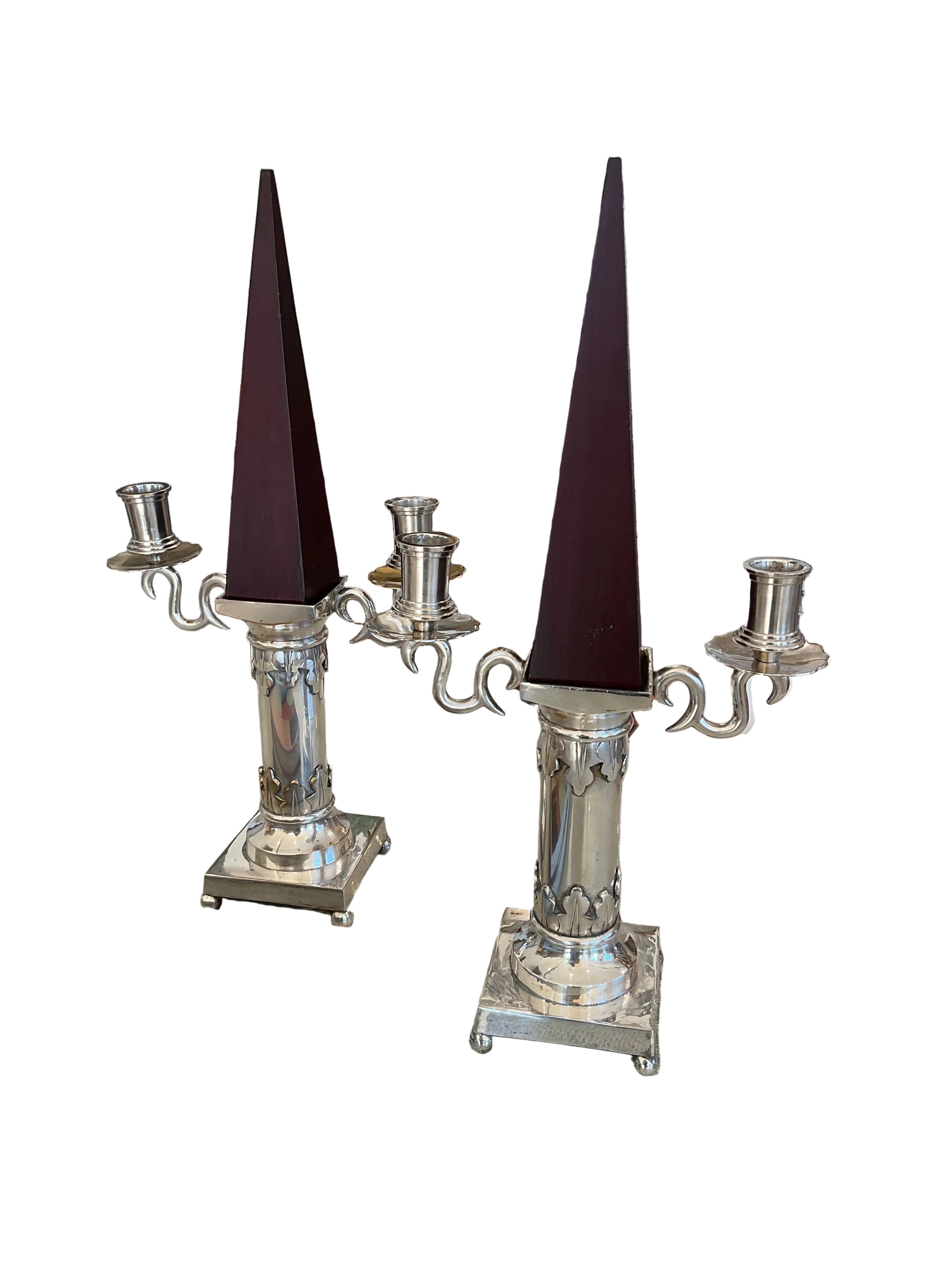 Pair of Silver Gothic Candelabras with Wooden Pyramid