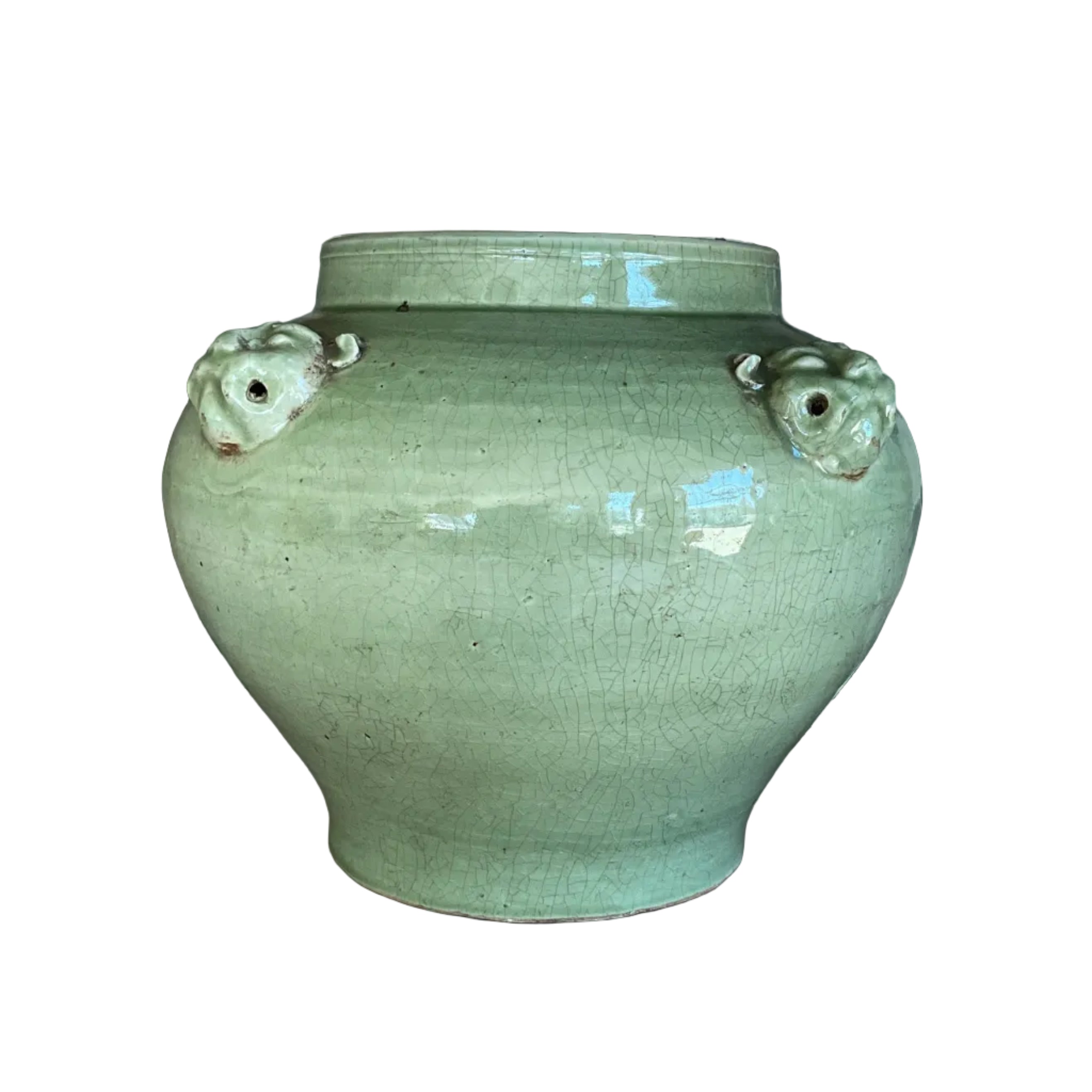 Four Lion Head Handle Jar Celadon Crackle